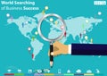 World Searching of Business Success modern design Idea and Concept Vector illustration with Magnifier,Pencil,hand,World map,icon. Royalty Free Stock Photo